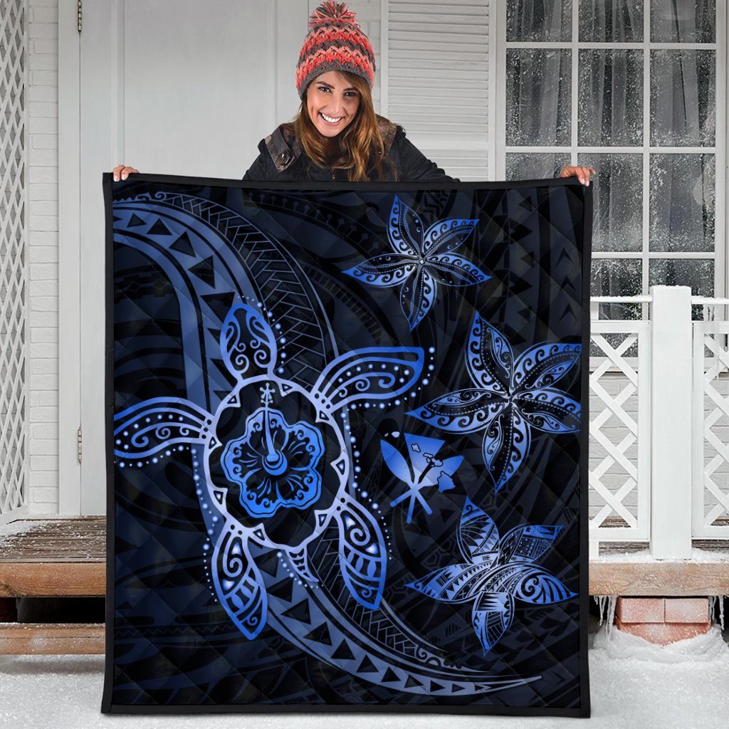 Kanaka Map Hibiscus Plumeria Turtle Art Blue Polynesian Premium Quilts - AH - Polynesian Pride