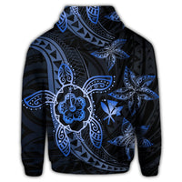 Kanaka Map Hibiscus Plumeria Turtle Art Blue Polynesian Zip Hoodie - Polynesian Pride
