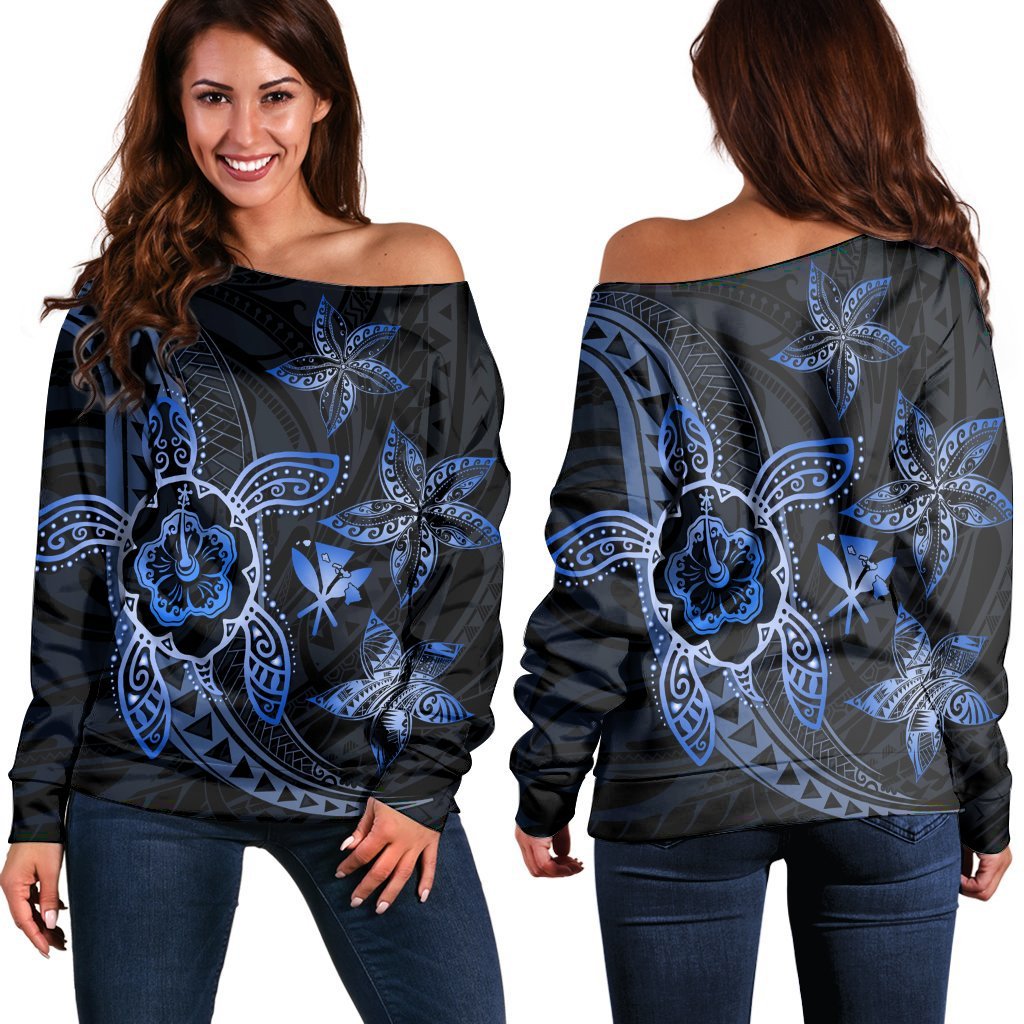 Kanaka Map Hibiscus Plumeria Turtle Art Blue Polynesian Women's Off Shoulder Sweater - AH Black - Polynesian Pride