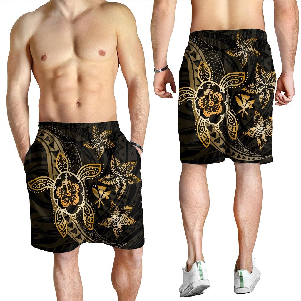 Kanaka Map Hibiscus Plumeria Turtle Art Gold Polynesian Men's Shorts - AH - Polynesian Pride