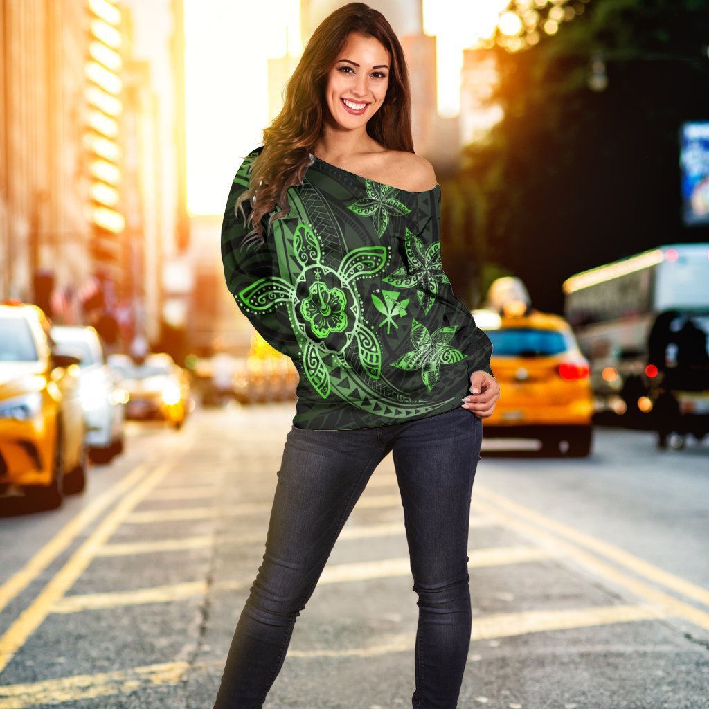 Kanaka Map Hibiscus Plumeria Turtle Art Green Polynesian Women's Off Shoulder Sweater - AH - Polynesian Pride