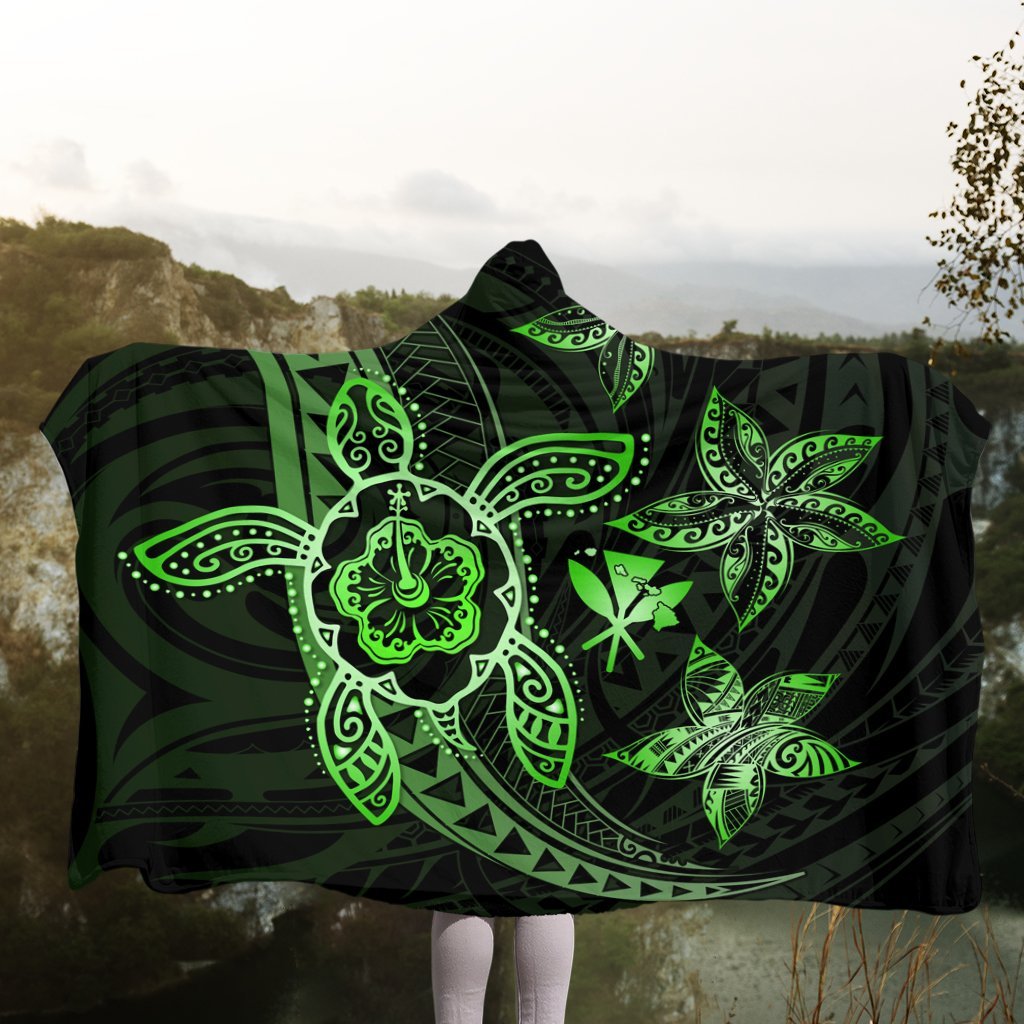 Kanaka Map Hibiscus Plumeria Turtle Art Green Polynesian Hooded Blanket - AH - Polynesian Pride