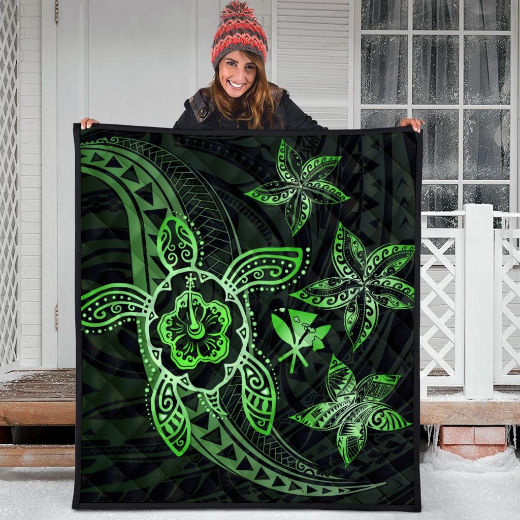 Kanaka Map Hibiscus Plumeria Turtle Art Green Polynesian Premium Quilts - AH - Polynesian Pride
