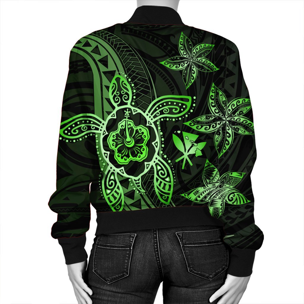 Kanaka Map Hibiscus Plumeria Turtle Art Green Polynesian Bomber Jacket - AH - Polynesian Pride
