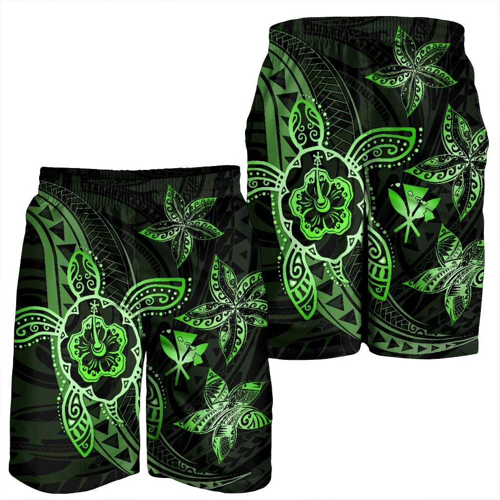 Kanaka Map Hibiscus Plumeria Turtle Art Green Polynesian Men's Shorts - AH - Polynesian Pride