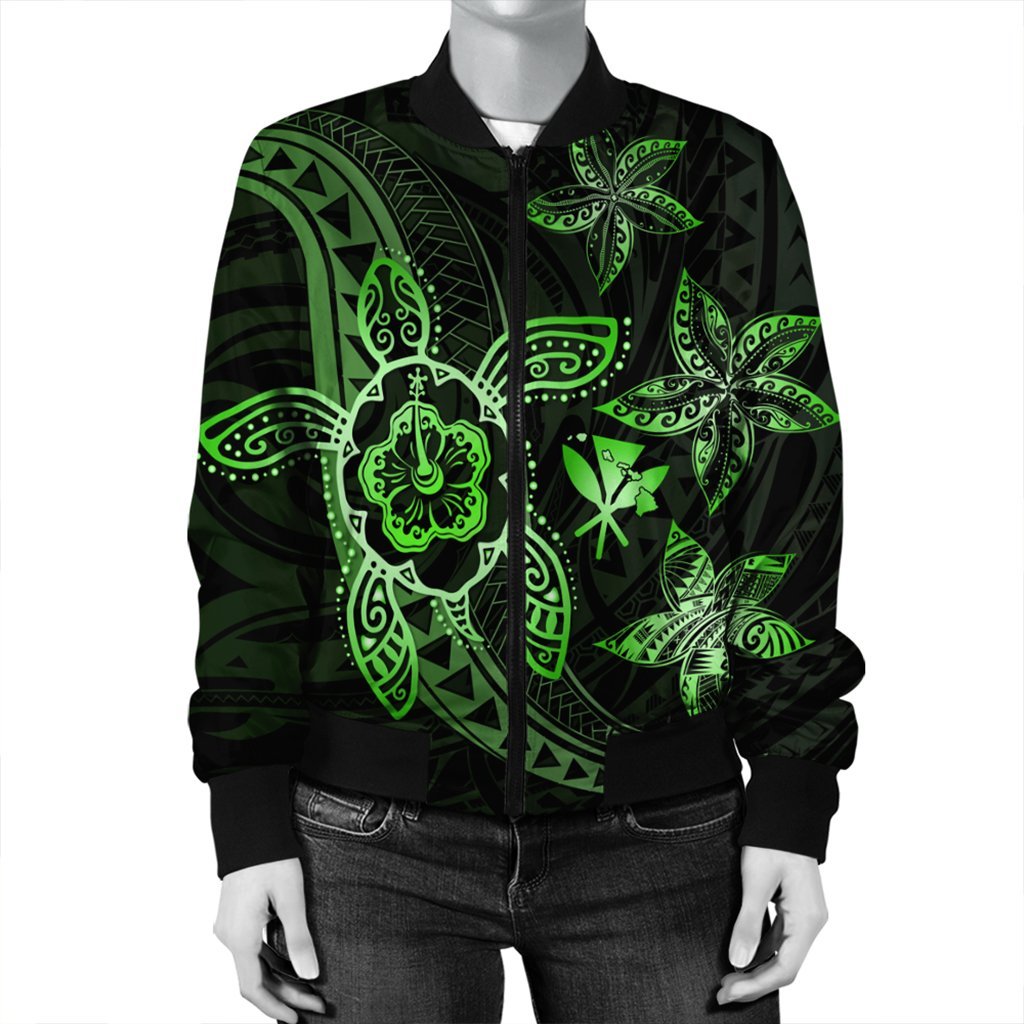 Kanaka Map Hibiscus Plumeria Turtle Art Green Polynesian Bomber Jacket - AH - Polynesian Pride