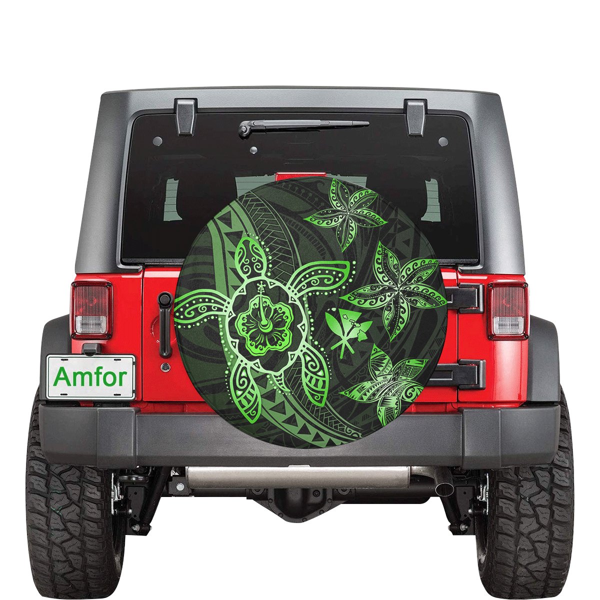 Kanaka Map Hibiscus Plumeria Turtle Art Green Polynesian Spare Tire Cover AH Green - Polynesian Pride