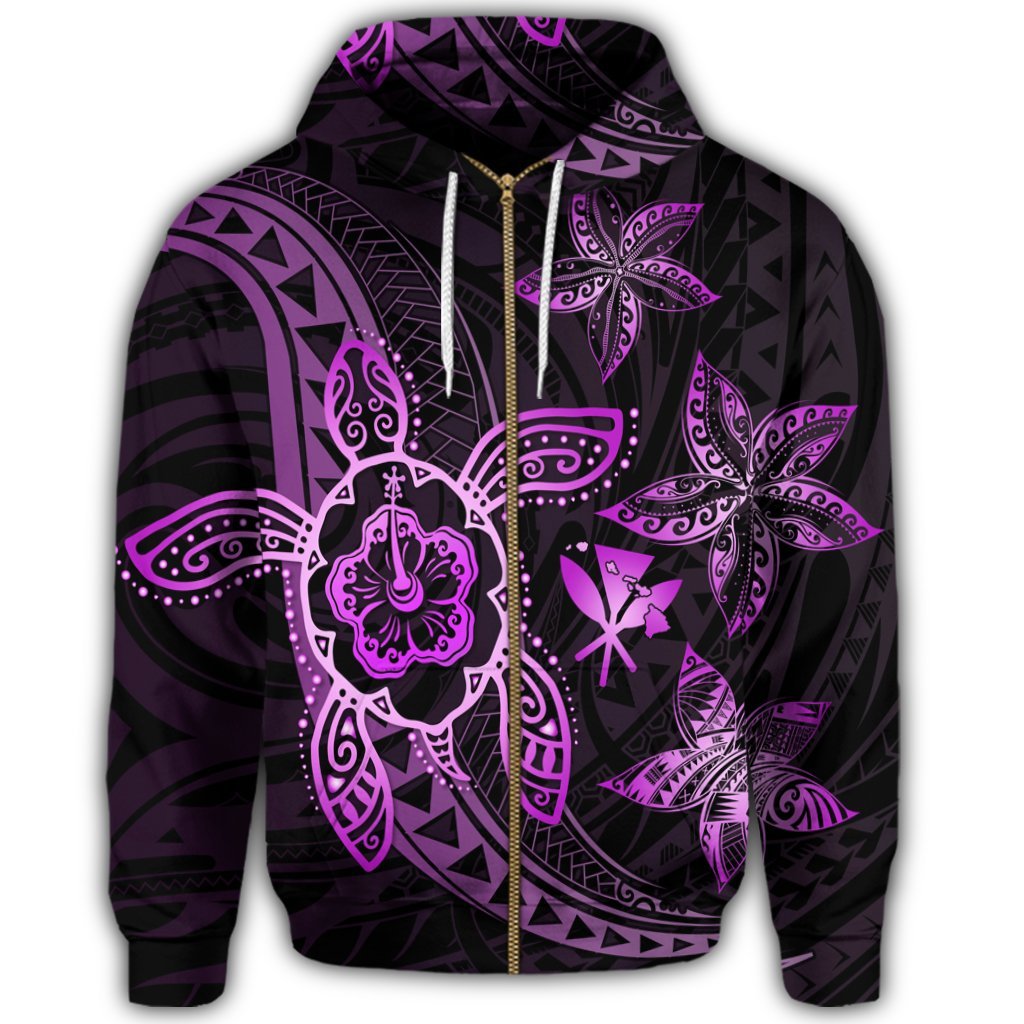 Kanaka Map Hibiscus Plumeria Turtle Art Pink Polynesian Zip Hoodie - Polynesian Pride