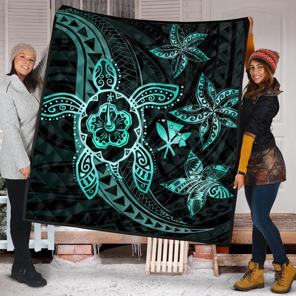 Kanaka Map Hibiscus Plumeria Turtle Art Turquoise Polynesian Premium Quilts - AH - Polynesian Pride
