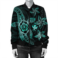Kanaka Map Hibiscus Plumeria Turtle Art Turquoise Polynesian Bomber Jacket - AH - Polynesian Pride