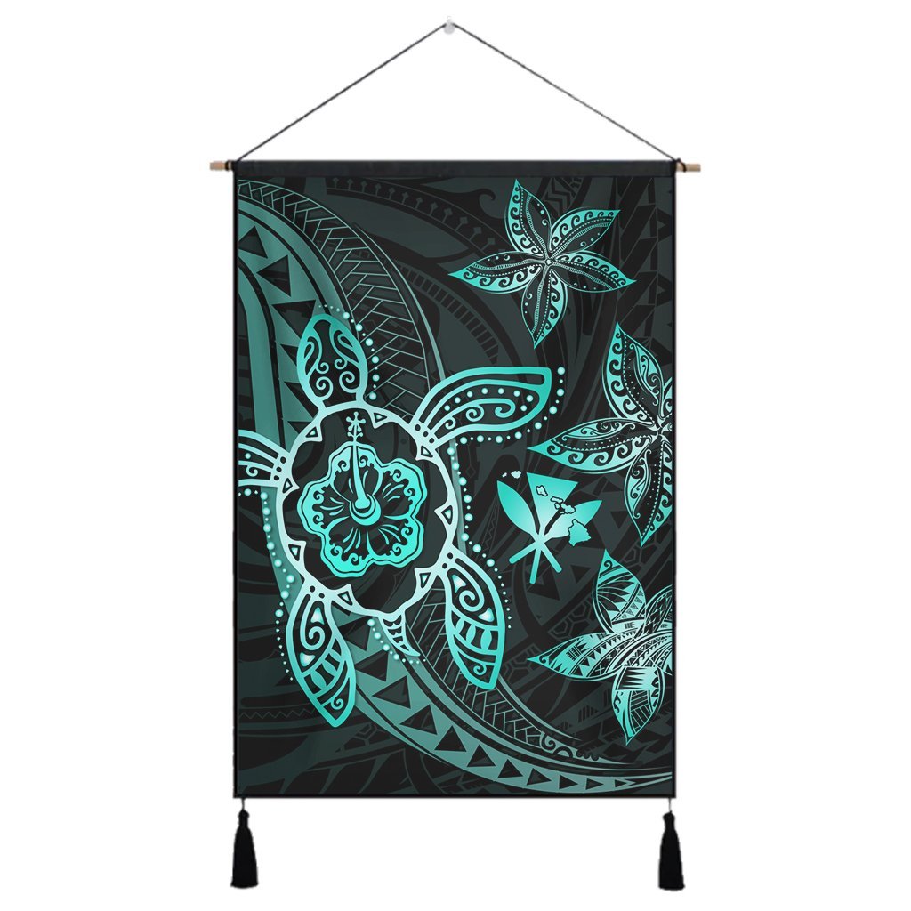 Kanaka Map Hibiscus Plumeria Turtle Art Turquoise Polynesian Hanging Poster - AH Hanging Poster Cotton And Linen - Polynesian Pride