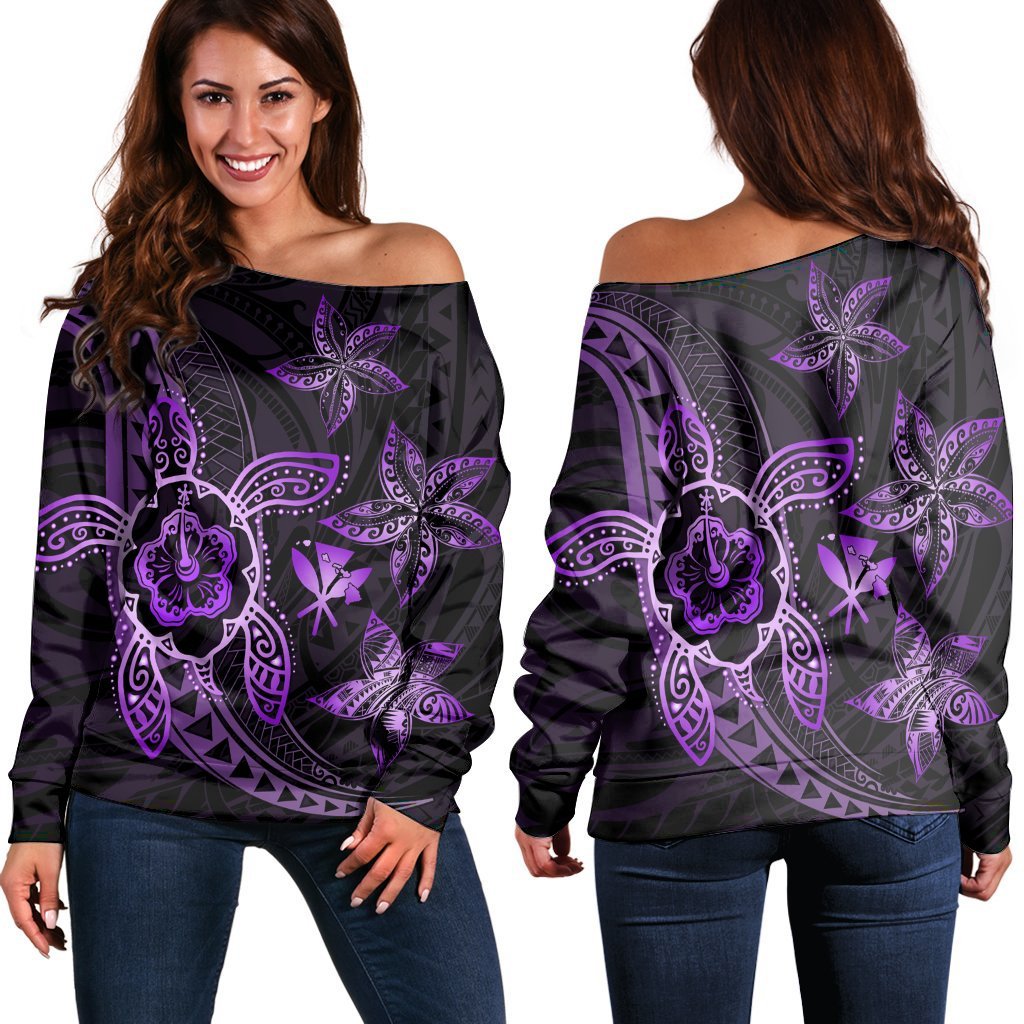 Kanaka Map Hibiscus Plumeria Turtle Art Violet Polynesian Women's Off Shoulder Sweater - AH Black - Polynesian Pride