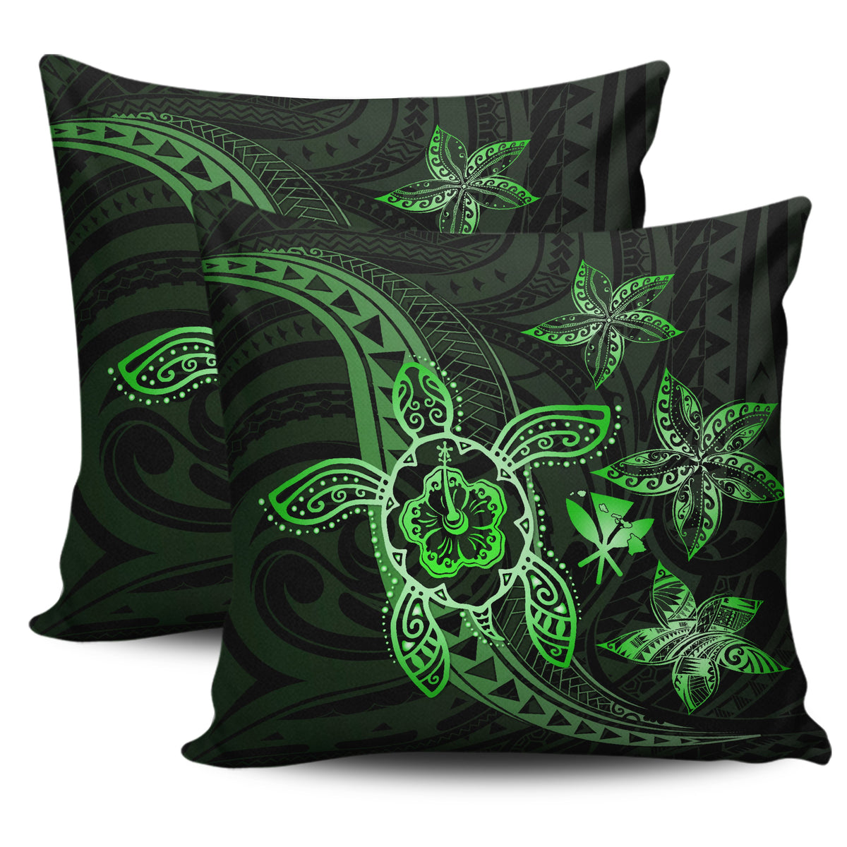 Kanaka Map Hibiscus Plumeria Turtle Art Green Polynesian Pillow Covers One Size Zippered Pillow Cases 18"x 18" (Twin Sides) (Set of 2) Green - Polynesian Pride