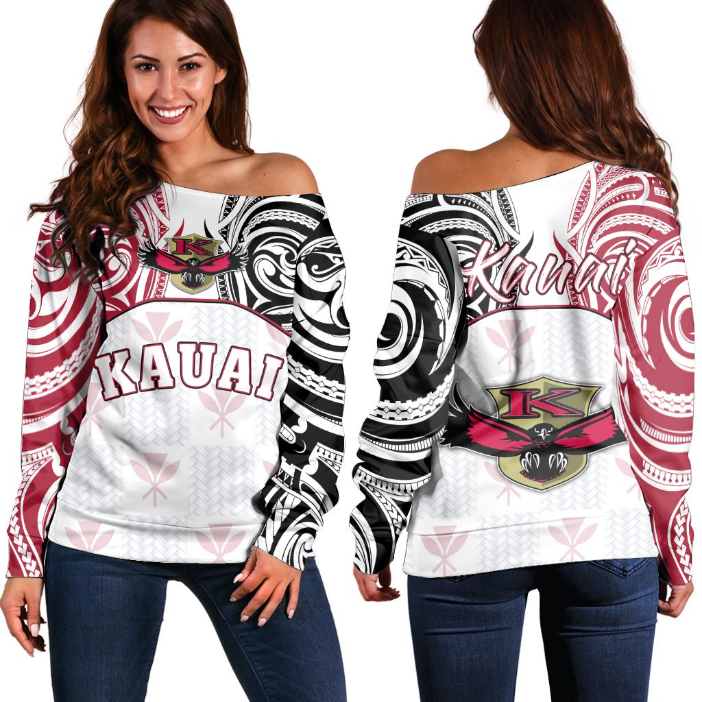 Hawaii - Kanaka Kauai High School Off Shoulder Sweater Demodern Style AH White - Polynesian Pride