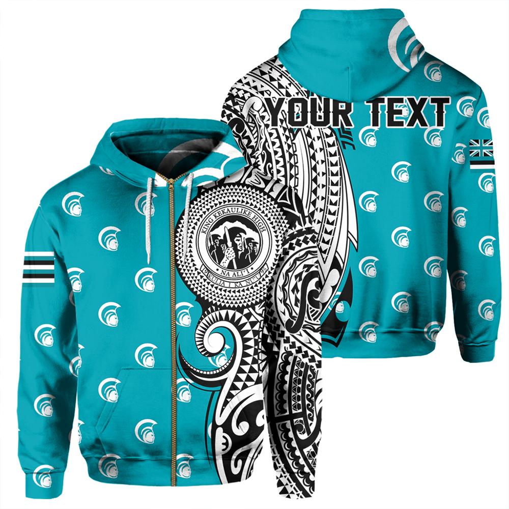 Custom Hawaii Hoodie King Kekaulike High Tribal Kakau Zip Hoodie Unisex Turquoise - Polynesian Pride