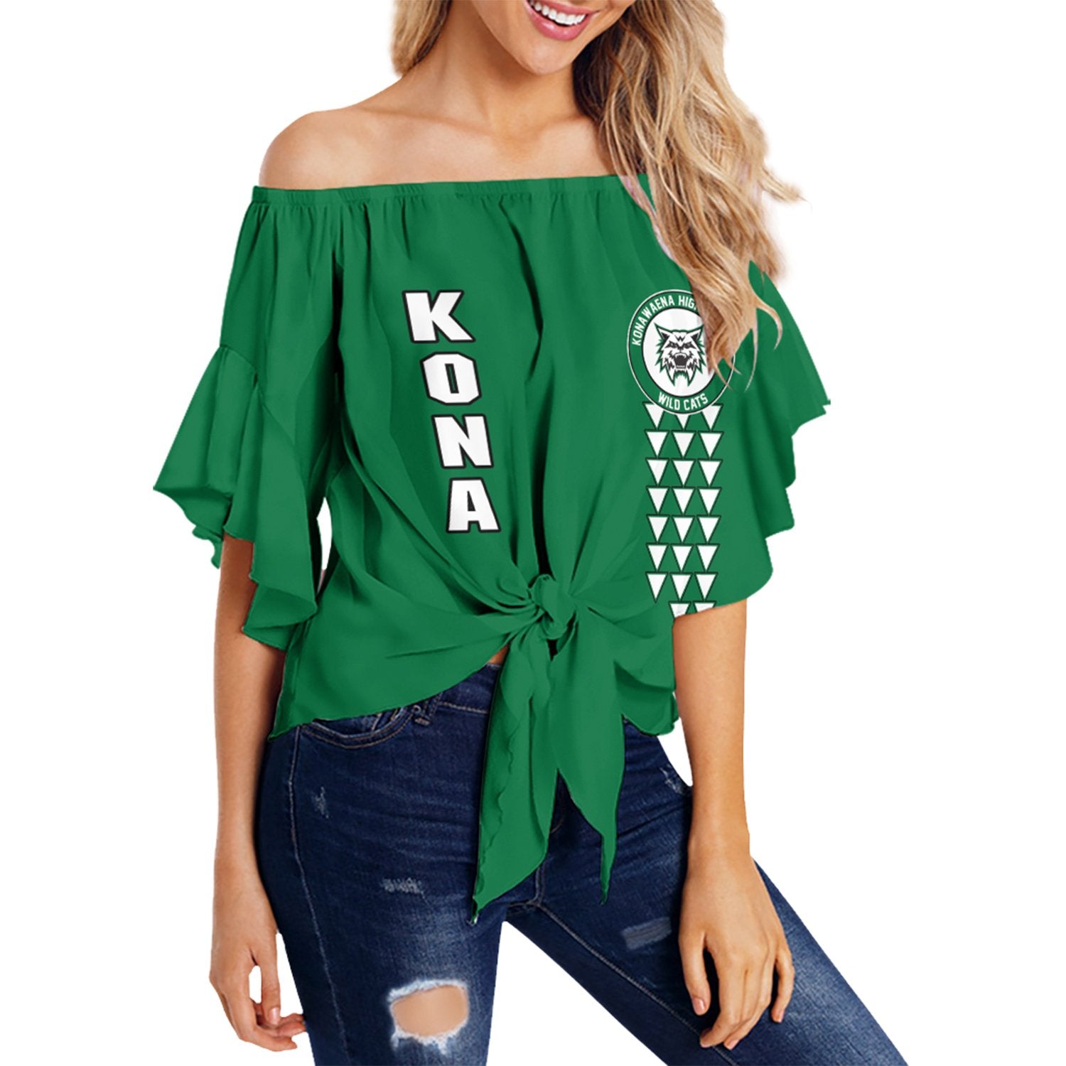 (Personalised) Hawaii - Konawaena High Custom Your Class Off Shoulder Waist Wrap Top AH Female Green - Polynesian Pride