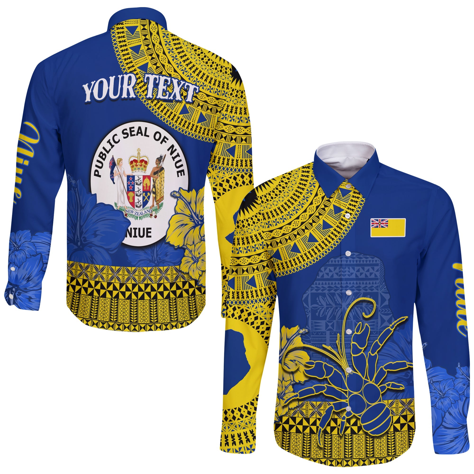 (Custom Personalised) Niue Hiapo Long Sleeve Button Shirt Rock of Polynesia Tapa Niuean Crab Happy Day LT13 Unisex Blue - Polynesian Pride