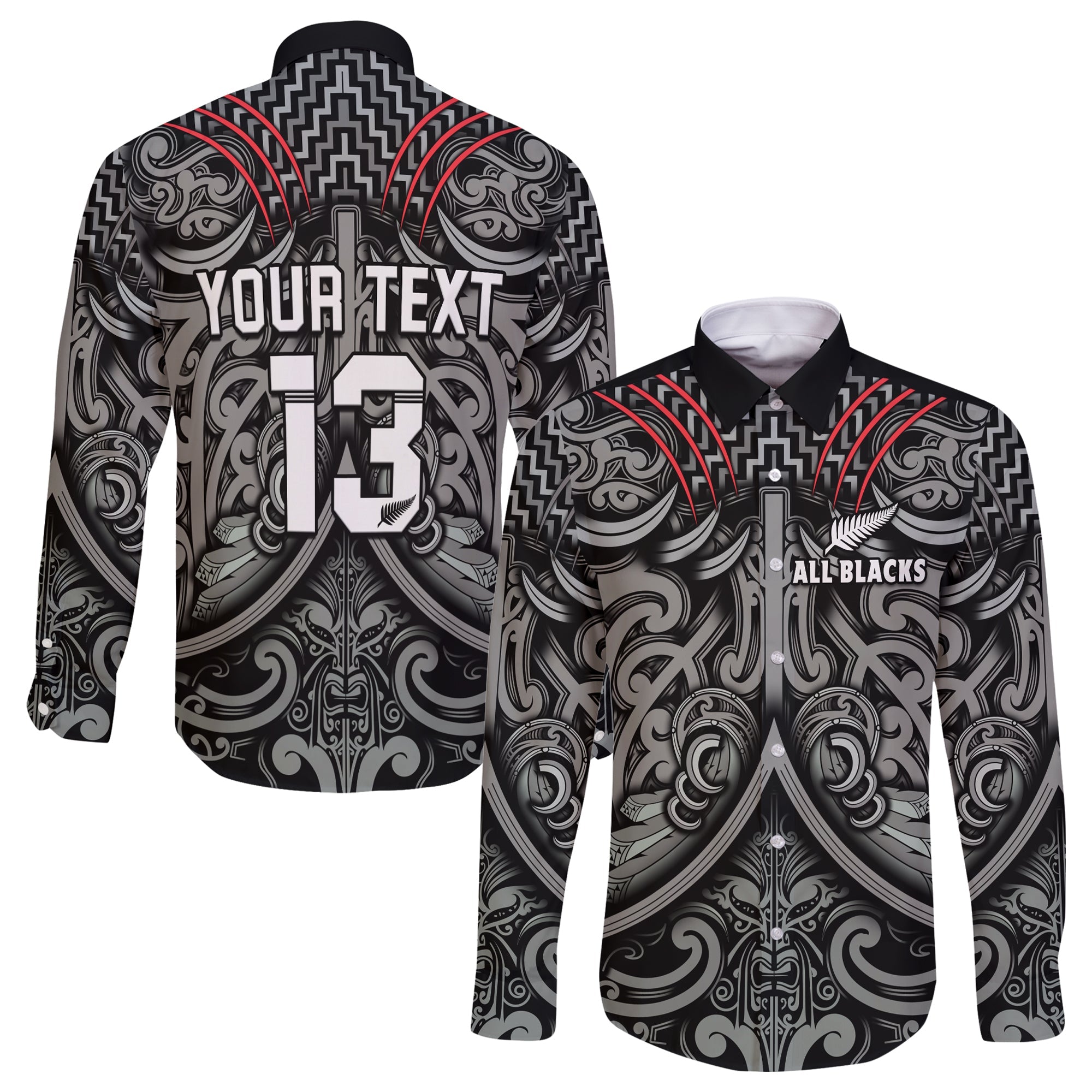 (Custom Text and Number) New Zealand Silver Fern Rugby Long Sleeve Button Shirt All Black NZ Maori Pattern LT13 Unisex Black - Polynesian Pride