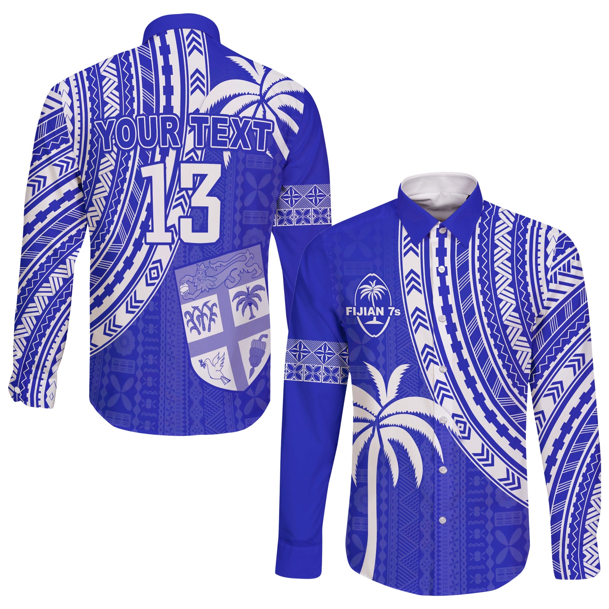 (Custom Text and Number) Fiji Rugby Sevens Long Sleeve Button Shirt Fijian 7s Tapa Polynesian Blue Ver.02 LT13 Unisex Blue - Polynesian Pride