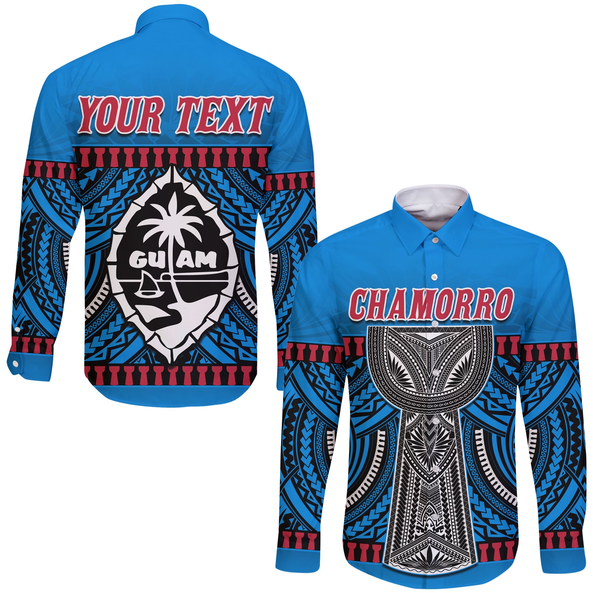 (Custom Personalised) Guam Chamorro Long Sleeve Button Shirt Latte Stone Blue Polynesian Haligi LT13 Unisex Blue - Polynesian Pride