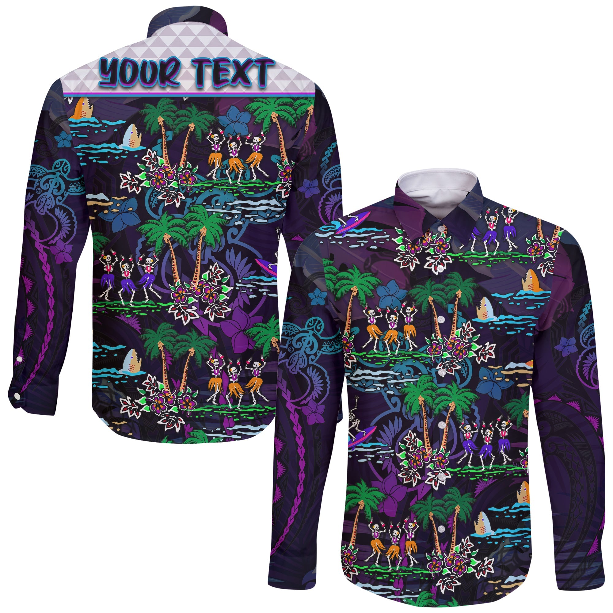 (Custom Personalised) Hawaii Skeleton Dancing Long Sleeve Button Shirt Halloween Hawaiian Turtle LT13 Unisex Purple - Polynesian Pride