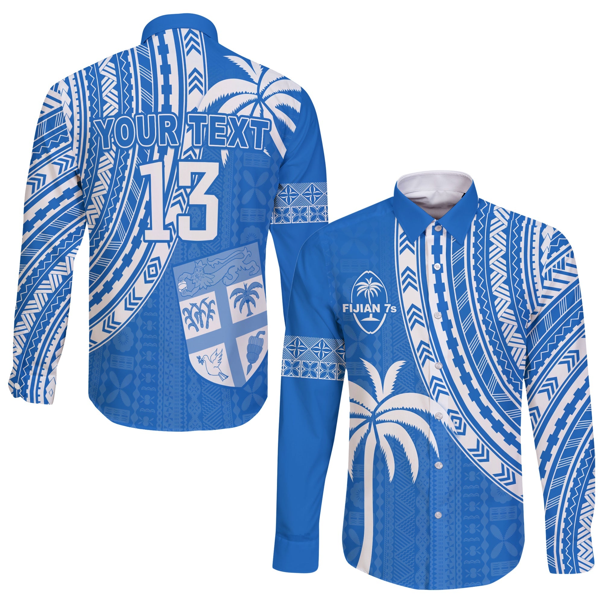 (Custom Text and Number) Fiji Rugby Sevens Long Sleeve Button Shirt Fijian 7s Tapa Polynesian Blue Ver.01 LT13 Unisex Blue - Polynesian Pride