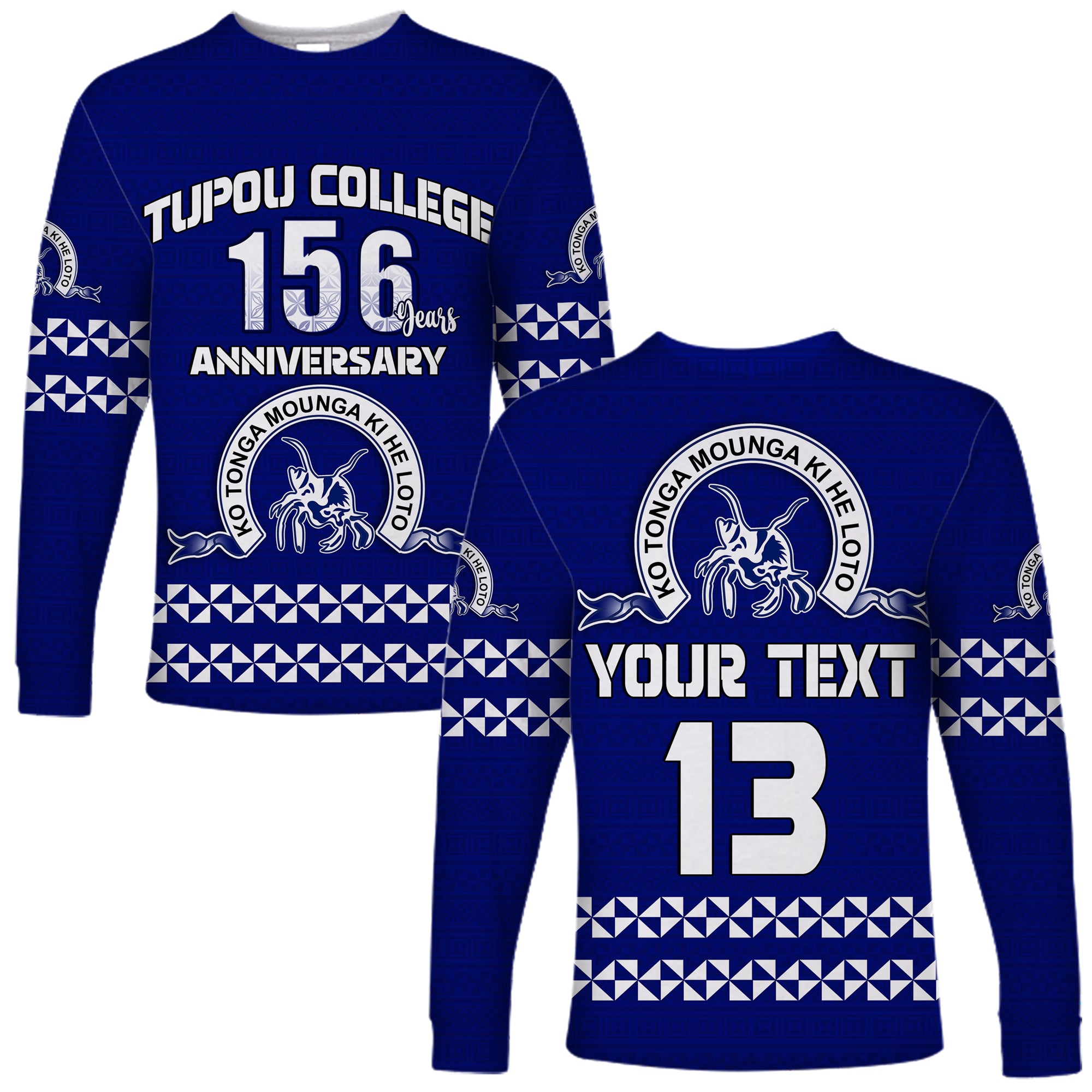 (Custom Text and Number) Tonga Tupou College Toloa Long Sleeve Shirt 156 Years Anniversary Tongan Ngatu LT13 Unisex Blue - Polynesian Pride