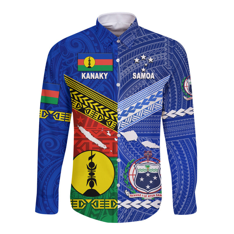 (Custom Personalised) Samoa And Kanaky New Caledonia Hawaii Long Sleeve Button Shirt Together LT8 Unisex Blue - Polynesian Pride