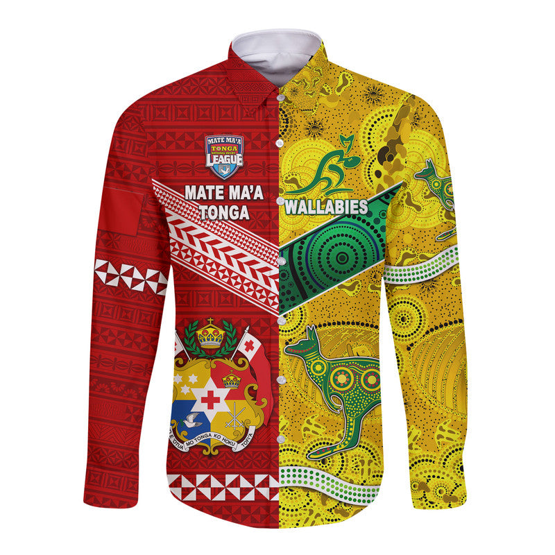 Mate Ma'a Tonga Ngatu And Australia Wallabies Aboriginal Hawaii Long Sleeve Button Shirt Rugby Together LT8 Unisex - Polynesian Pride