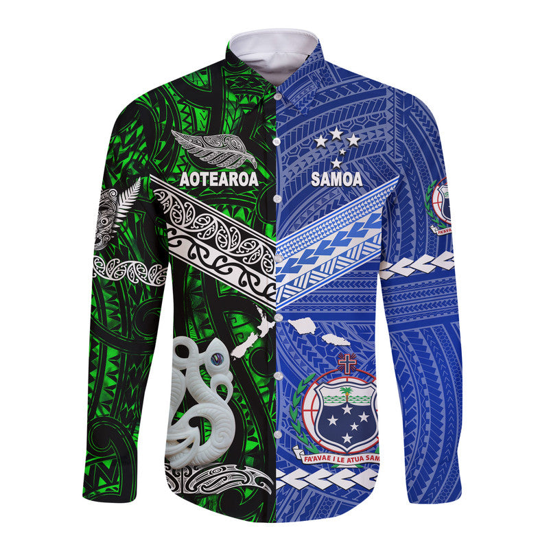 Samoa And New Zealand Hawaii Long Sleeve Button Shirt Together - Green LT8 Unisex Green - Polynesian Pride