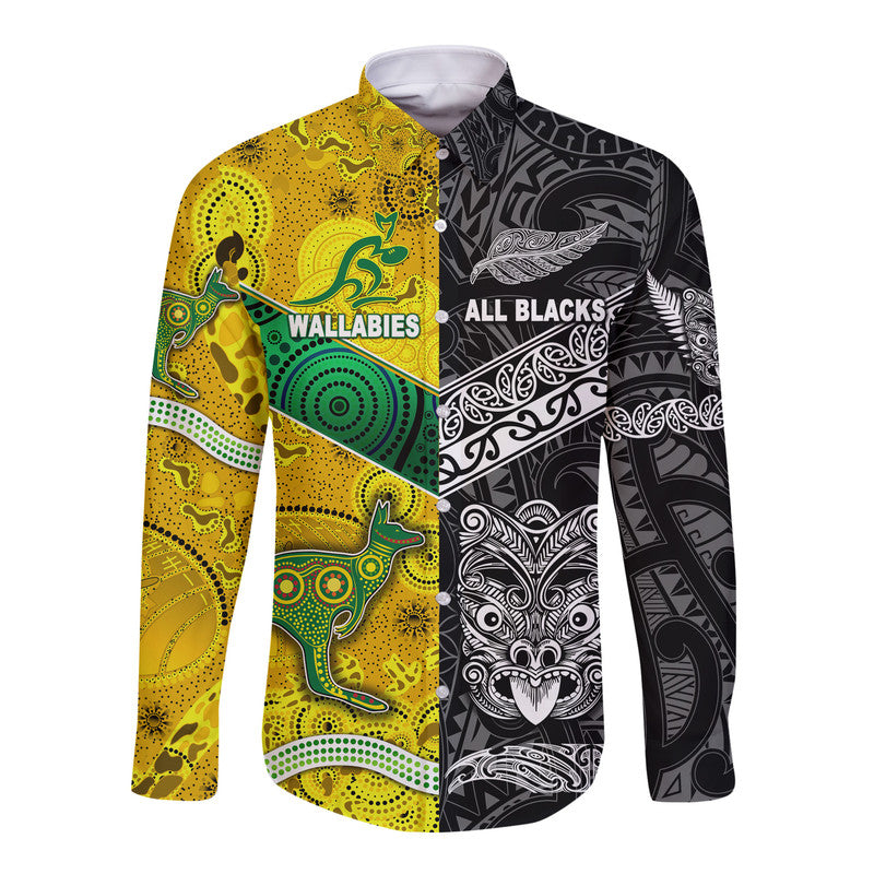 (Custom Personalised) New Zealand Maori All Black And Australia Wallabies Aboriginal Hawaii Long Sleeve Button Shirt Rugby Together LT8 Unisex - Polynesian Pride