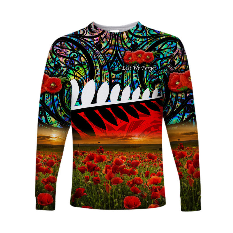 New Zealand Maori ANZAC Long Sleeve Shirt Poppy Vibes - Paua Shell LT8 Unisex Green - Polynesian Pride