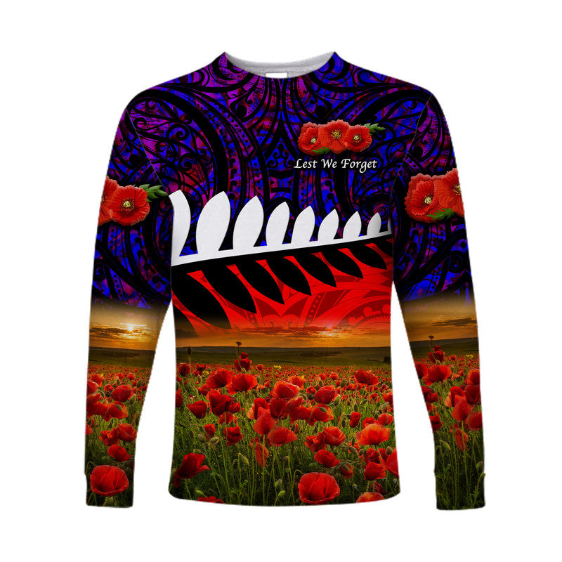 (Custom Personalised) New Zealand Maori ANZAC Long Sleeve Shirt Poppy Vibes - Purple LT8 Unisex Purple - Polynesian Pride