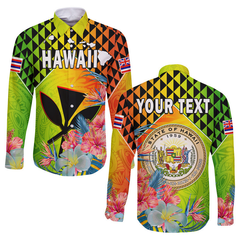 (Custom Personalised) Hawaii Long Sleeve Button Shirt Hawaiian Tribal Kanaka Maoli Hibiscus LT14 Unisex Reggae - Polynesian Pride