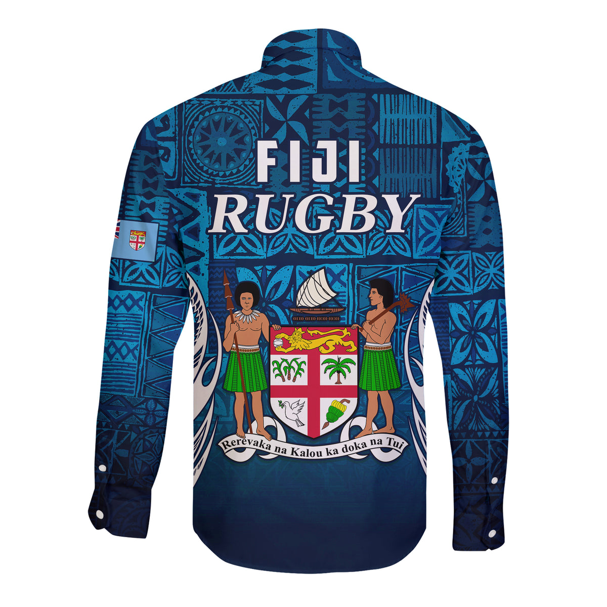 Fiji Rugby Hawaii Long Sleeve Button Shirt Flying Fijians Blue 02 Tapa Pattern LT13 - Polynesian Pride