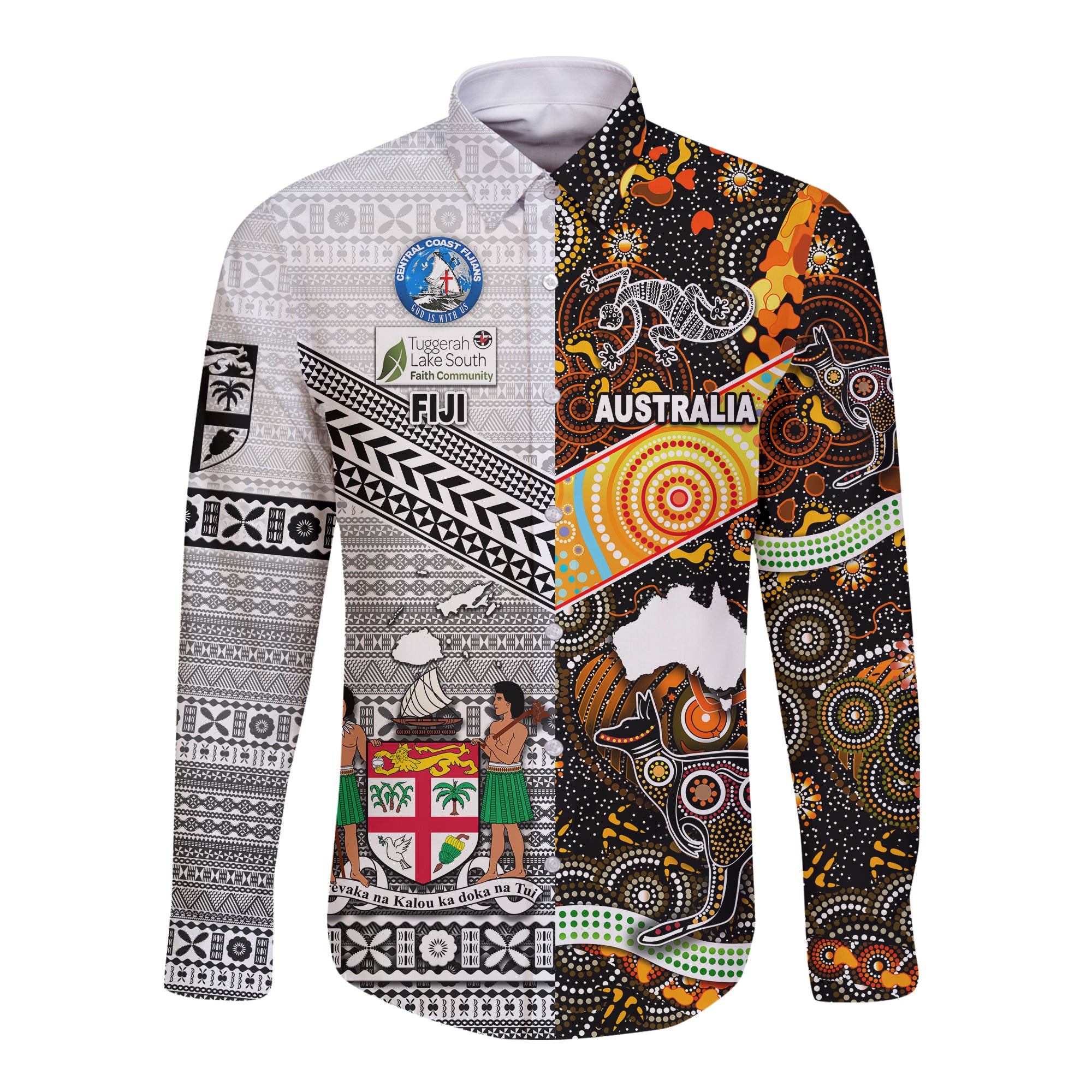 Australia Aboriginal And Fiji Tapa Hawaii Long Sleeve Button Shirt Together - Central Coast Fijians And Tuggerah Lake South LT8 - Polynesian Pride