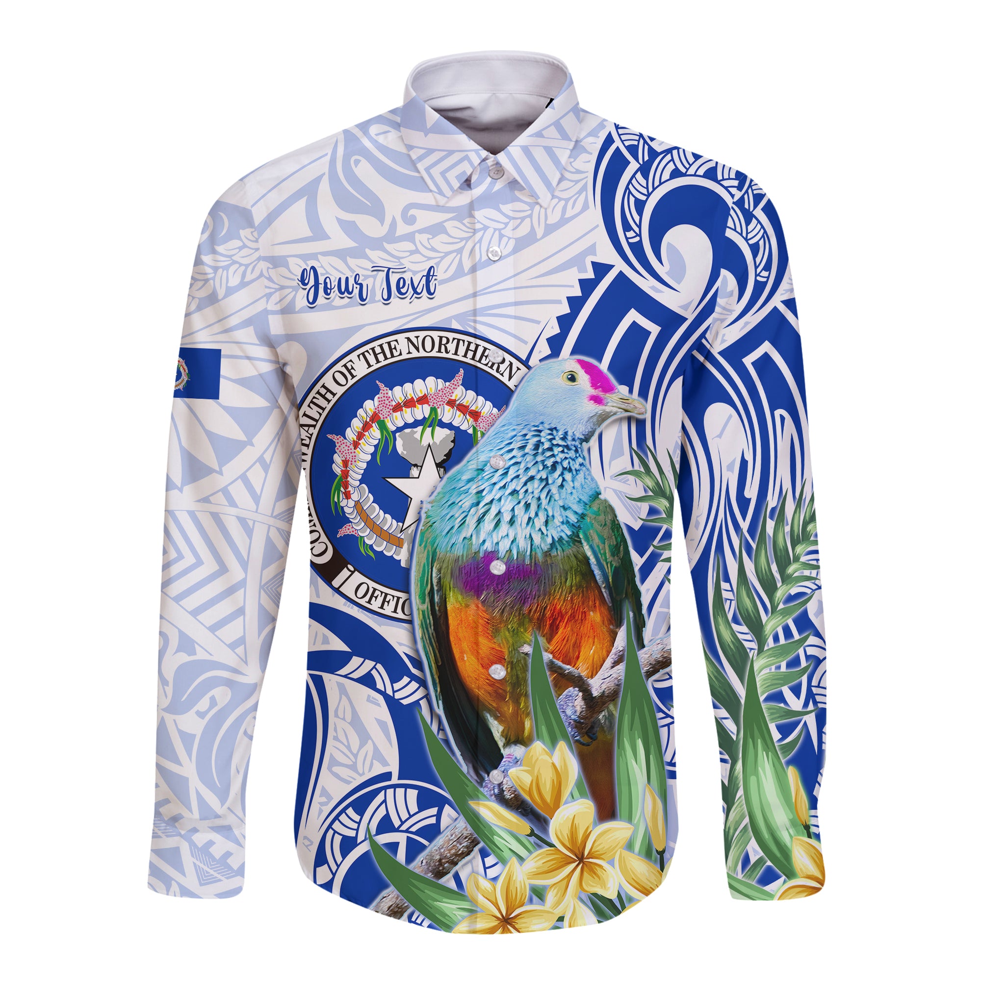 (Custom Personalised) Northern Mariana Islands Hawaii Long Sleeve Button Shirt Mariana Fruit Dove Mix Frangipani Flowers White LT13 Unisex White - Polynesian Pride