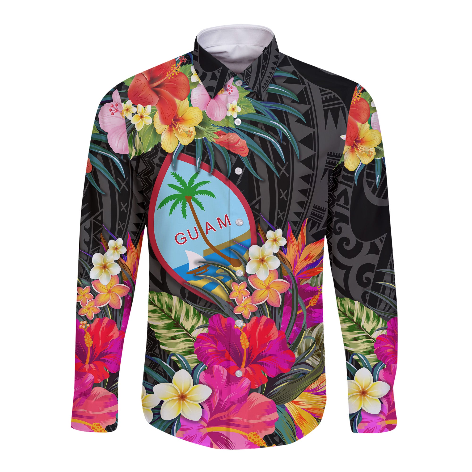 Guam Polynesian Hawaii Long Sleeve Button Shirt Tropical Flowers - Colorful Vibes LT8 - Polynesian Pride