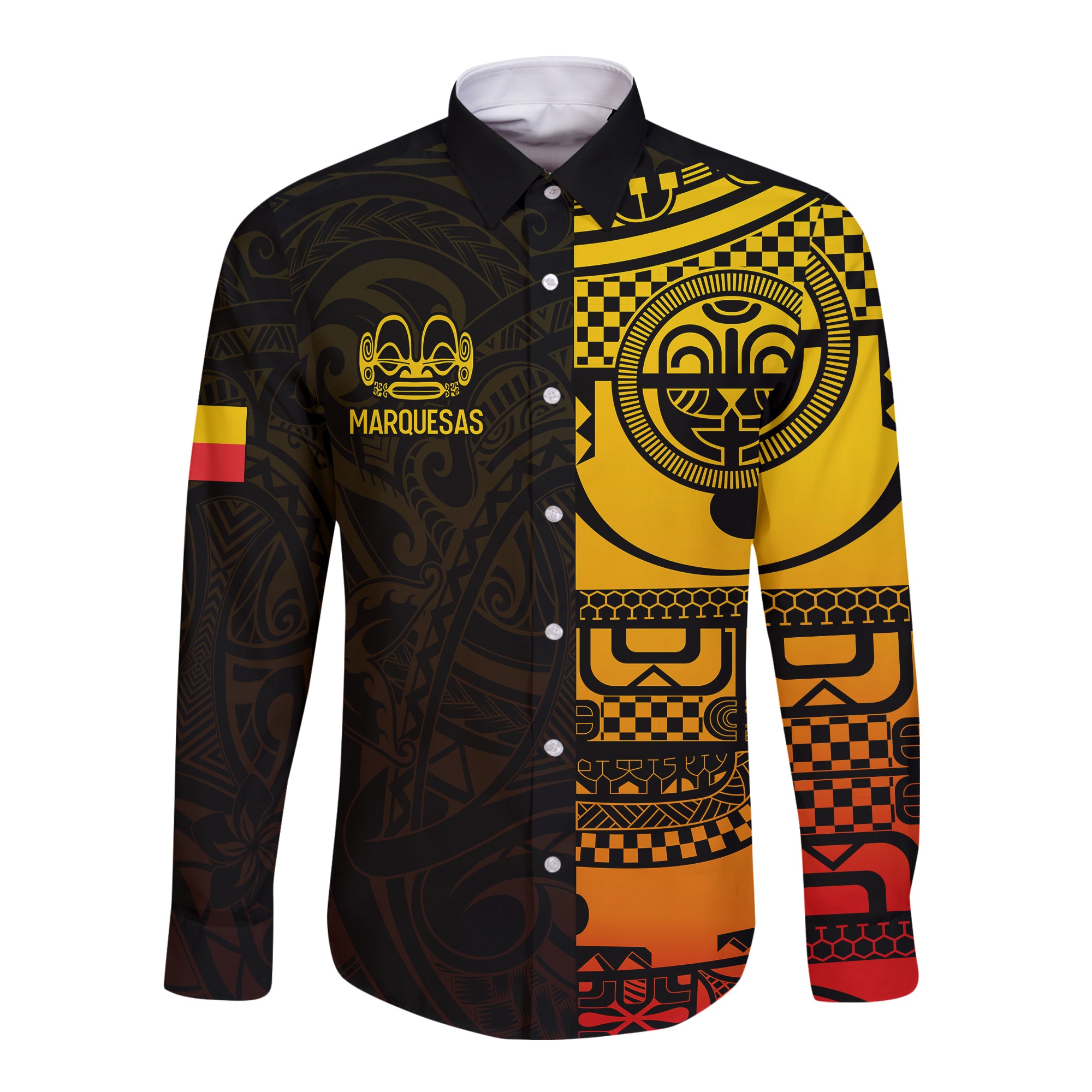 Marquesas Islands Tiki Long Sleeve Button Shirt Gradient Marquesan Tattoo LT13 Unisex Black - Polynesian Pride