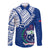 Samoa Siapo Hawaii Long Sleeve Button Shirt Sporty Mix Barkcloth Panel LT13 Unisex Blue - Polynesian Pride