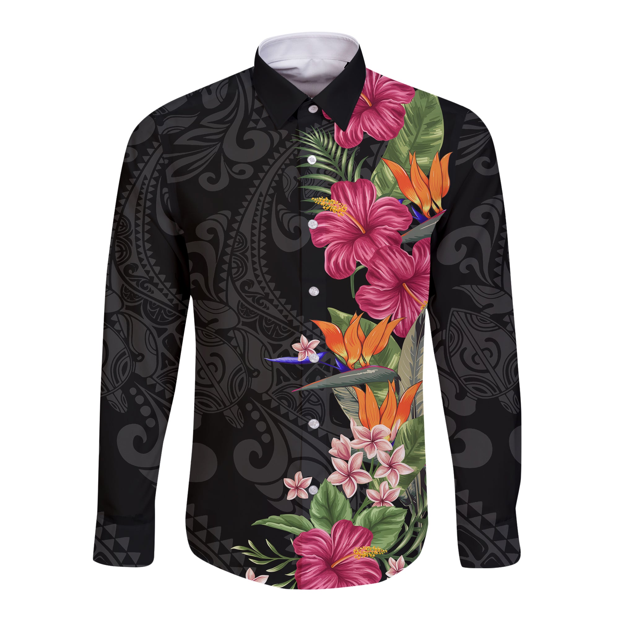 Hawaii Flowers Mix Tribal Pattern Long Sleeves Button Shirt LT6 Unisex Black - Polynesian Pride