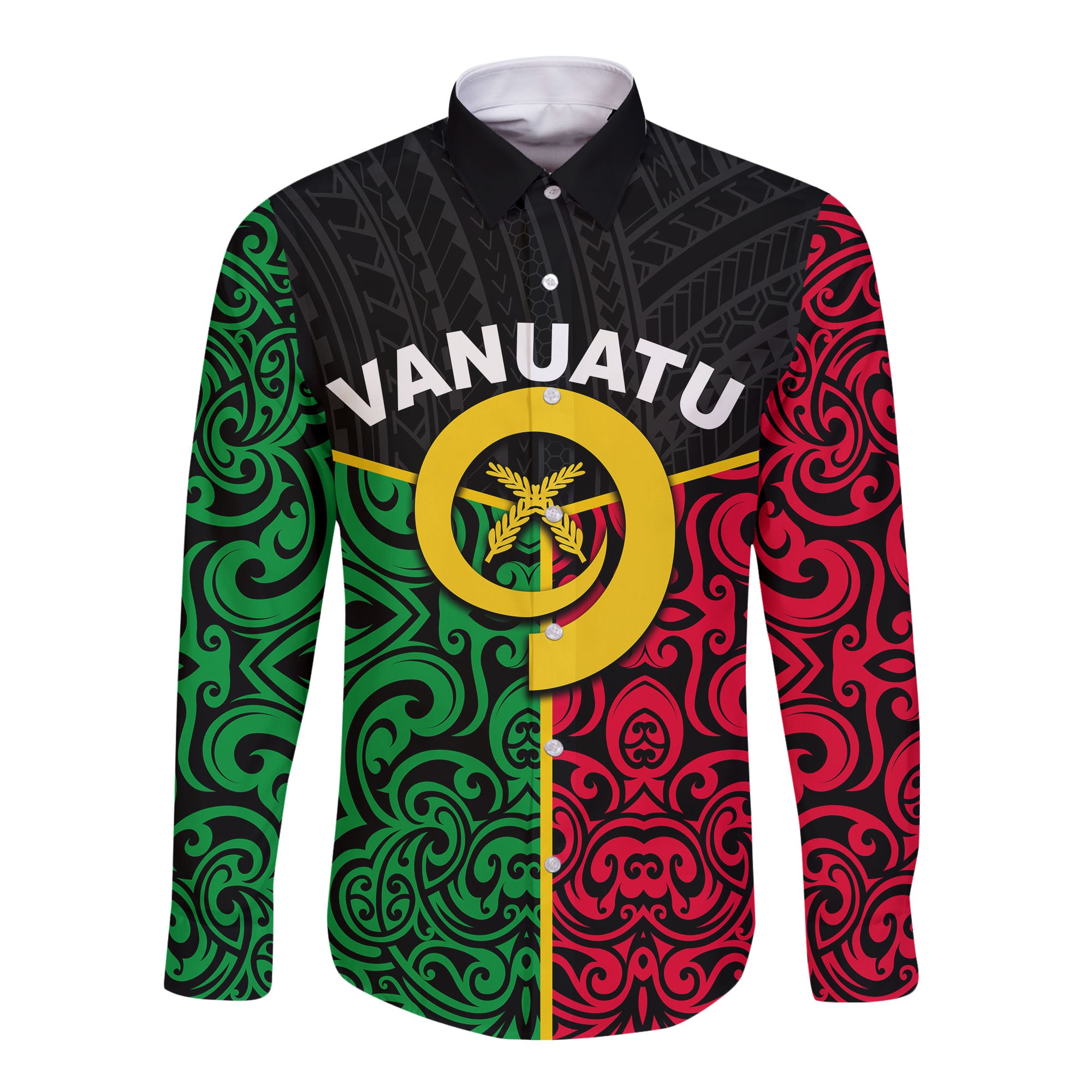 (Custom Personalised) Vanuatu Long Sleeve Button Shirt Polynesian Patterns Mix Flag LT6 Unisex Black - Polynesian Pride