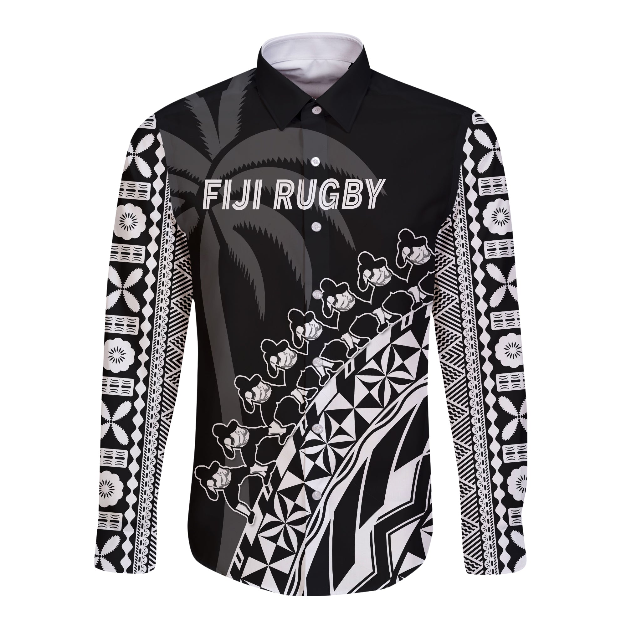 Fiji Rugby Long Sleeve Button Shirt Fijian Cibi Dance Tapa Pattern Black LT14 Unisex Black - Polynesian Pride