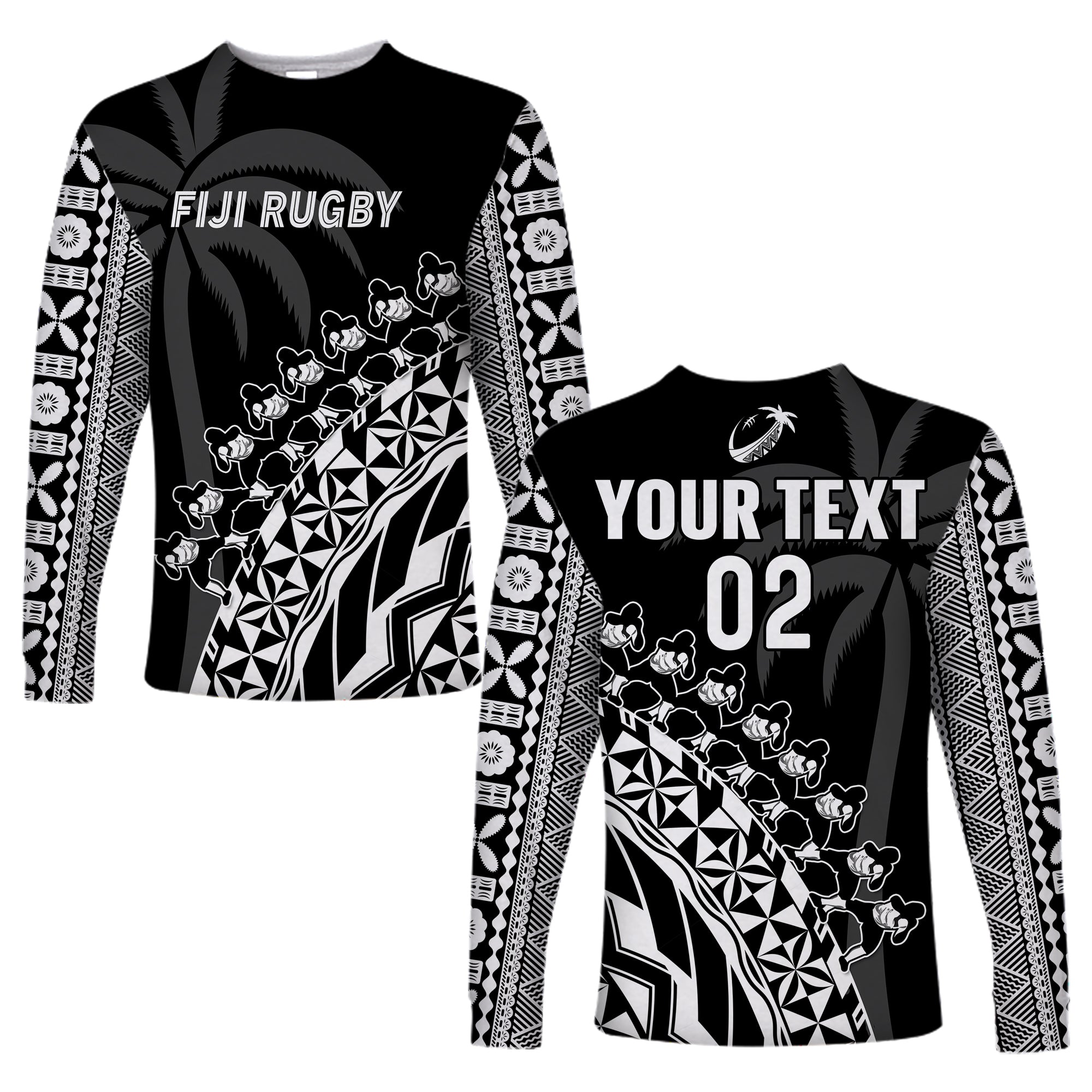 (Custom Text And Number) Fiji Rugby Long Sleeve Shirt Fijian Cibi Dance Tapa Pattern Black LT14 Unisex Black - Polynesian Pride