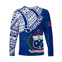 Samoa Siapo Long Sleeve Shirt Sporty Mix Barkcloth Panel LT13 Unisex Blue - Polynesian Pride