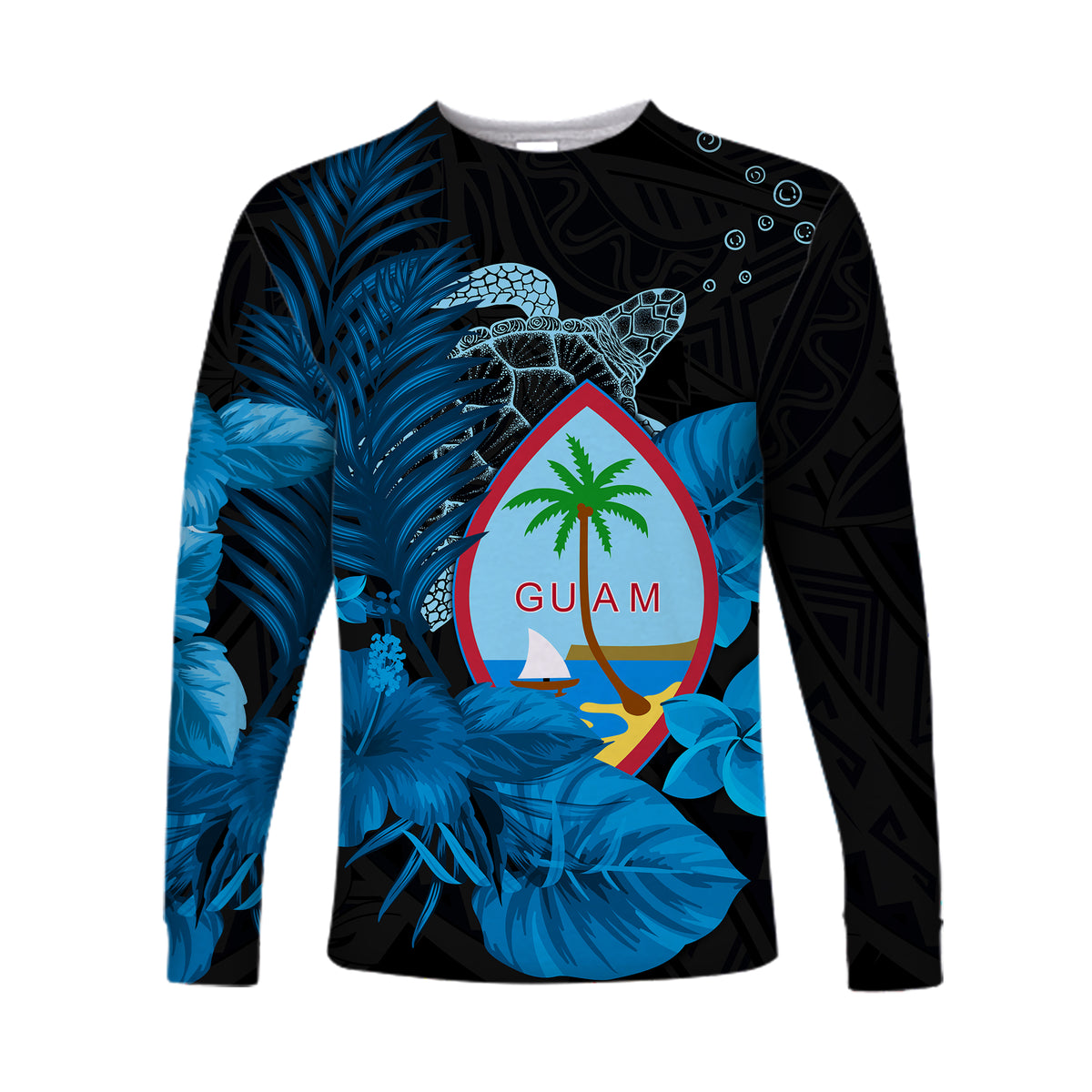 (Custom Personalised) Guam Seal Long Sleeve Shirt Polynesian Turtle with Flowers Version Blue LT13 - Polynesian Pride