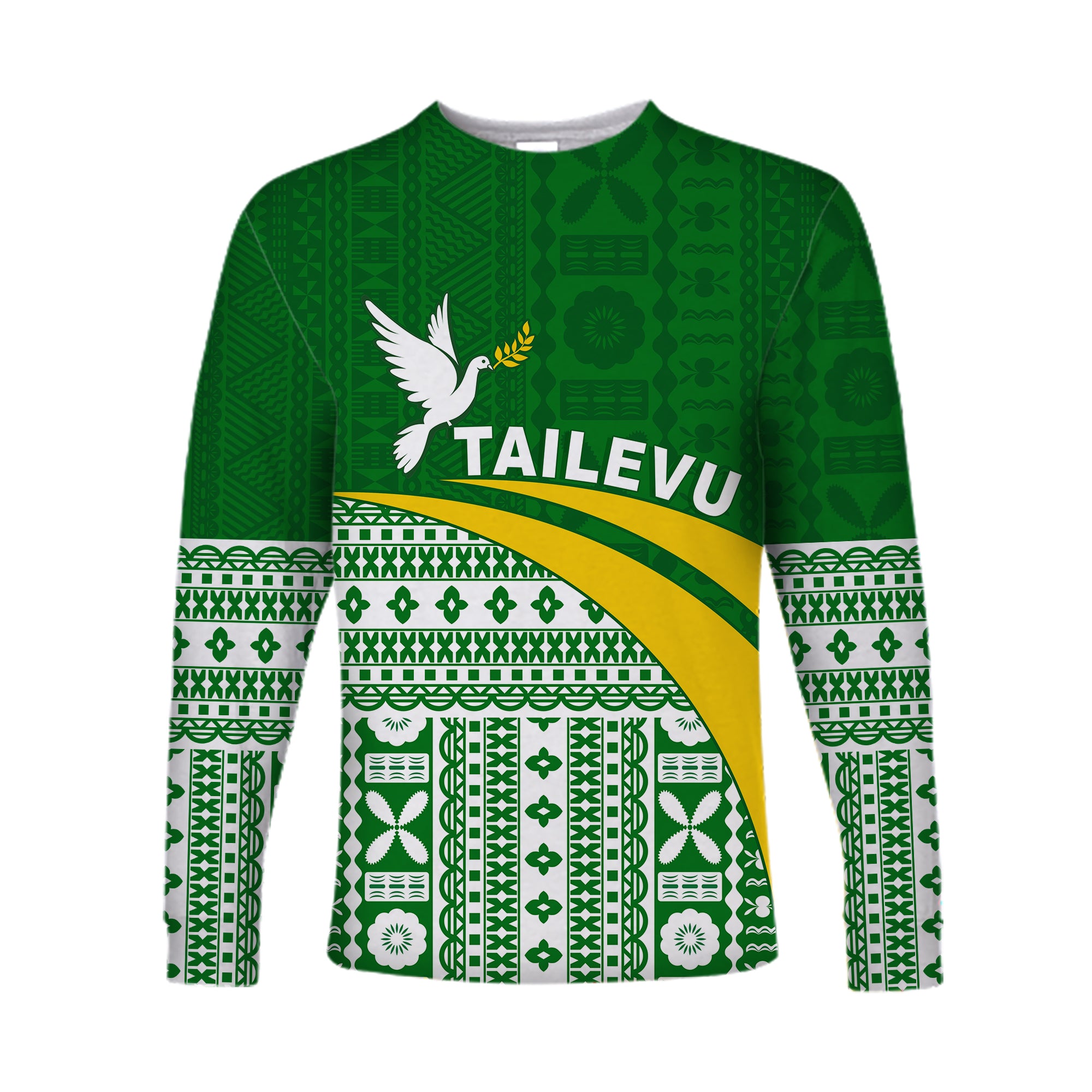 Tailevu Rugby Long Sleeve Shirt Fiji Rugby Tapa Pattern Green LT13 Unisex Green - Polynesian Pride