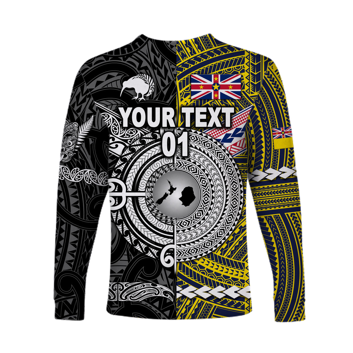 (Custom Personalised) New Zealand Maori Aotearoa And Niue Together Long Sleeve Shirts - Black, Custom Text And Number LT8 - Polynesian Pride