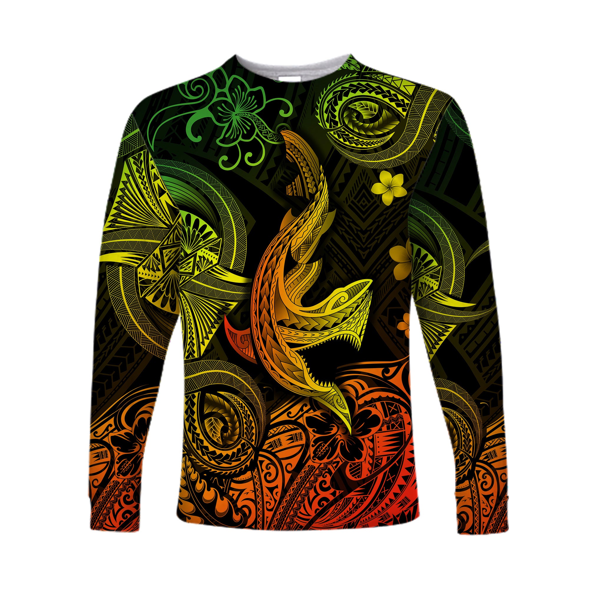 Hawaii Angry Shark Polynesian Long Sleeve Shirt Unique Style - Reggae LT8 Unisex Reggae - Polynesian Pride