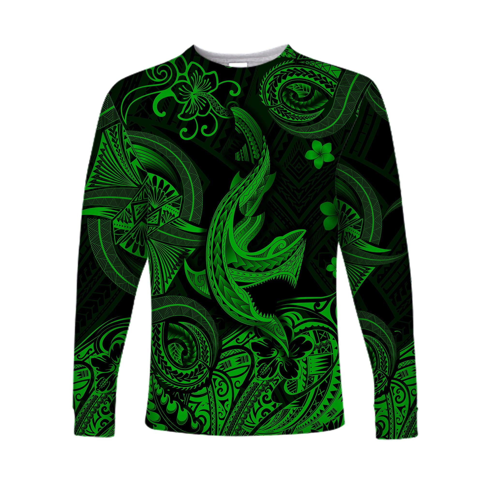 (Custom Personalised) Hawaii Angry Shark Polynesian Long Sleeve Shirt Unique Style - Green LT8 - Polynesian Pride